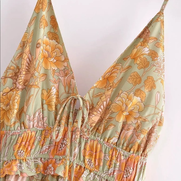 Butterfly Gardens Muted Greens Boho A Line Sleeveless Brunch Maxi Dress, Gown - Picture 12 of 16